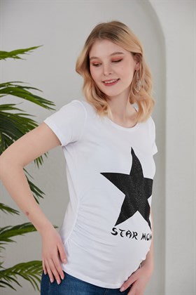 Gör&Sin Yıldız Üzeri Taş Baskı Detaylı Hamile Beyaz Tişört