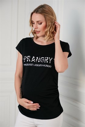 Gör&Sin Prangry Baskılı Nakışlı Hamile Siyah Tişört